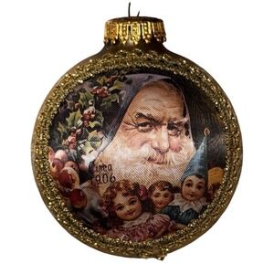 1991 Vintage Krebs Santa Silk‎ Gold Glass Christmas Ornament 4″ Holiday